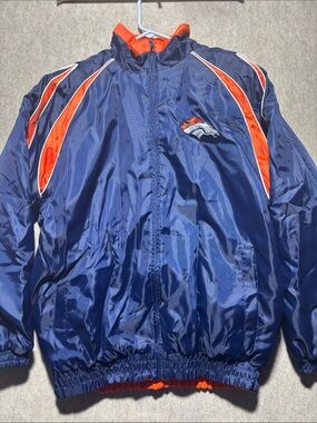 NFL Denver Broncos Reversible Jacket M Blue Canvas Orange Fleece (17)